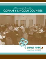 Advertisement for Copiah and Lincoln county with a room full of people at a meeting.