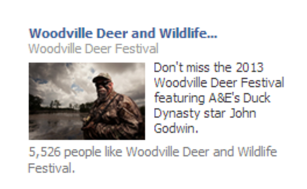 Woodville Deer and Wildlife Festival advertisement, desktop 2, “Don't miss the 2013 Woodville Deer Festival with A&E's Duck Dynasty star John Godwin.”
