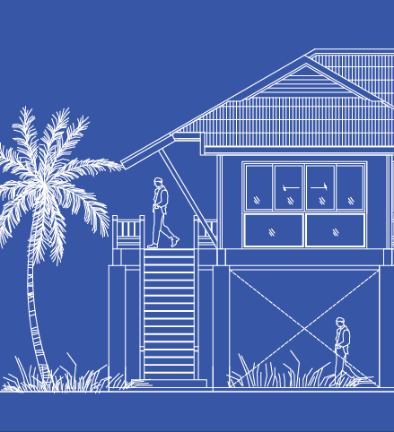 An illustration of a house with a tall palm tree at about the same height as the balcony and roof.