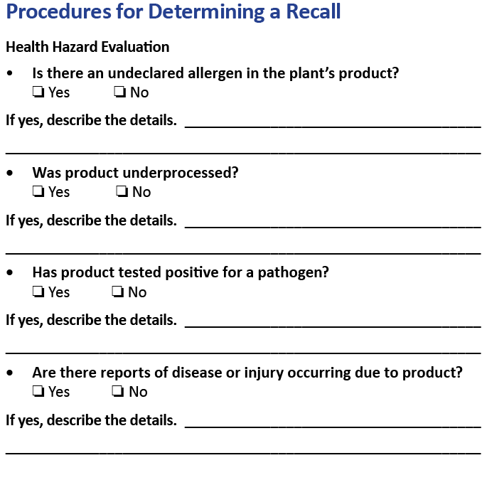 Sample Procedures for Determining a Recall document. Includes questions that evaluate the health hazards associated with the incident. 