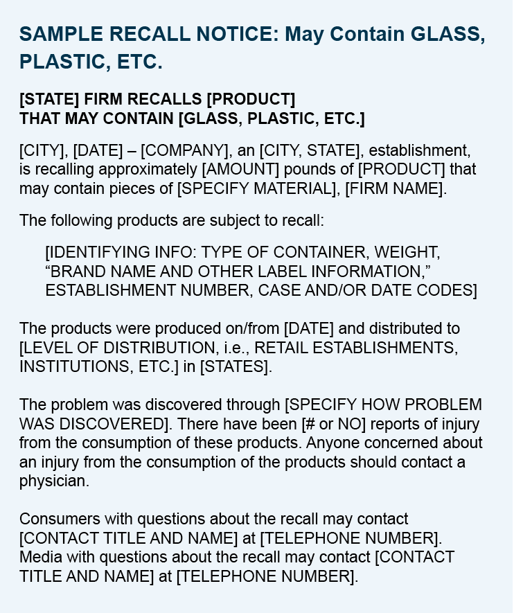 Sample fill-in recall notice for a contamination event. 