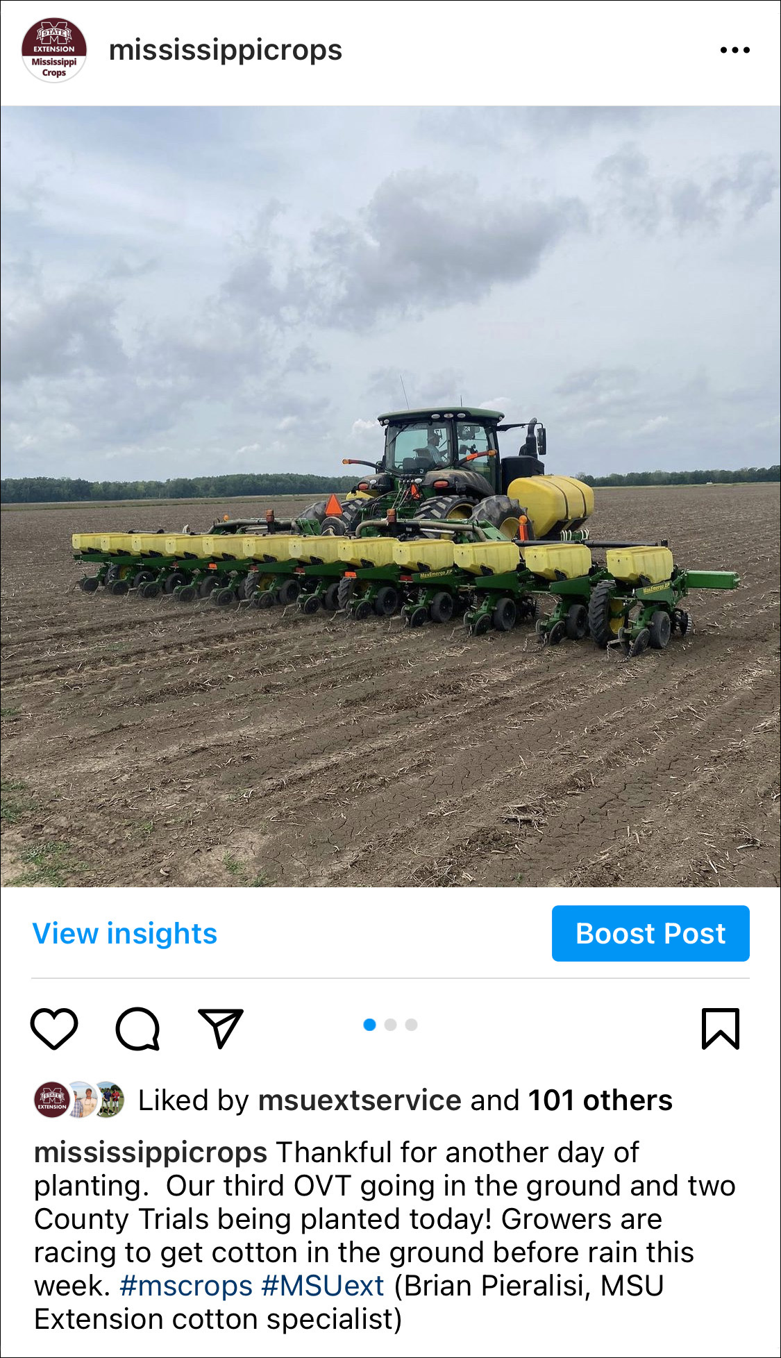 An Instagram post from @mississippicrops showing a cotton crop being planted.