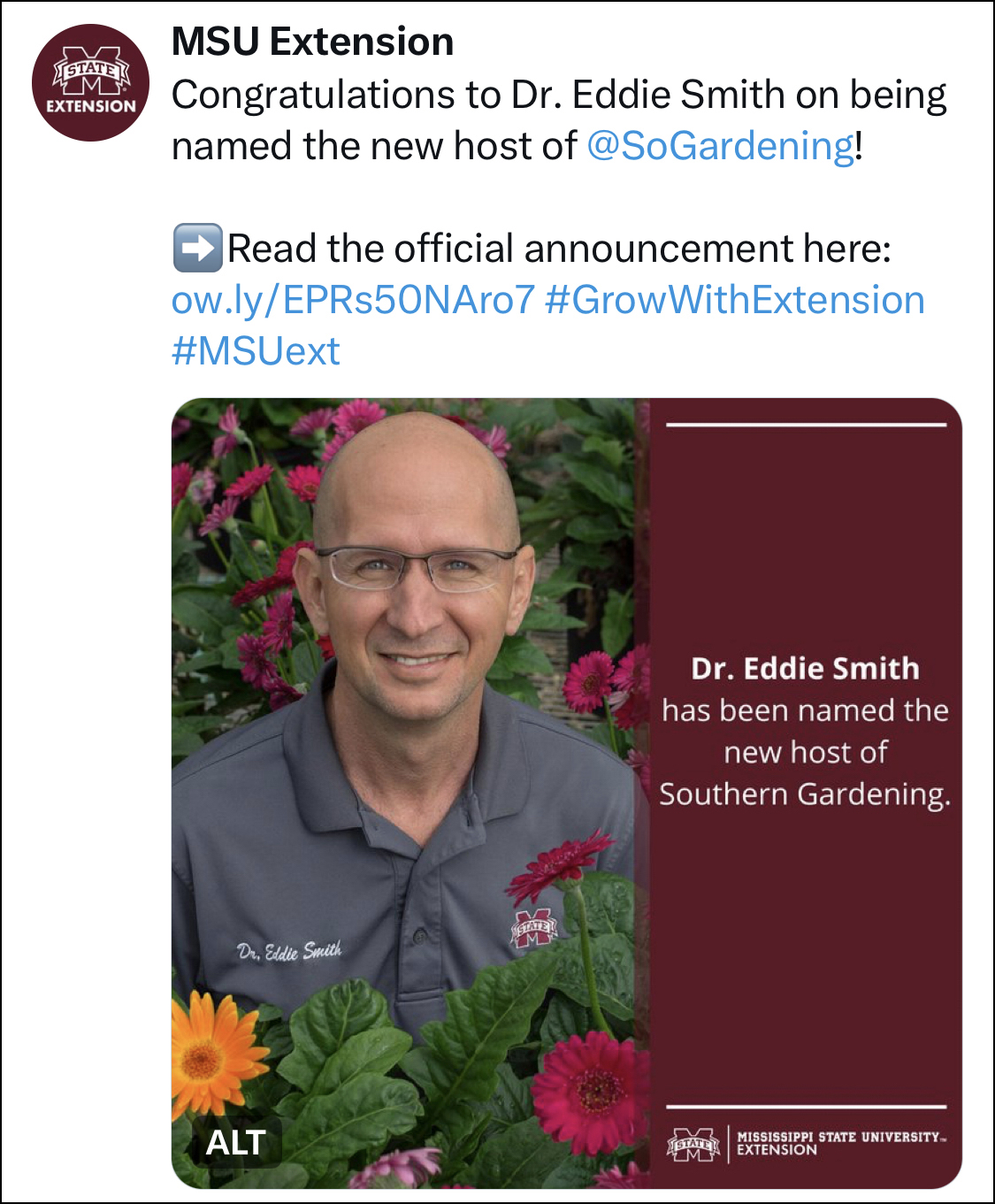 A Twitter post announcing Dr. Eddie Smith is the new Mississippi State University Extension Service Southern Gardener.