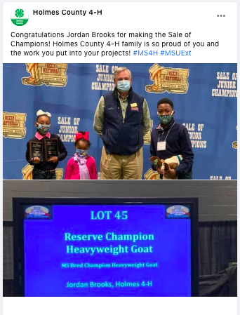 A Facebook post showing three children and one adult at the Sale of Champions.