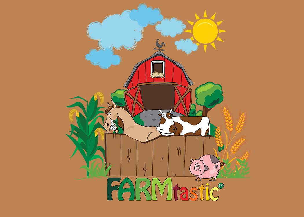 The FARMtastic logo depicts a red barn with a brown wooden fence and features a tan horse, a white and brown cow, a pink pig with gray spots, a corn plant on the left of the fence and a wheat plant on the right.