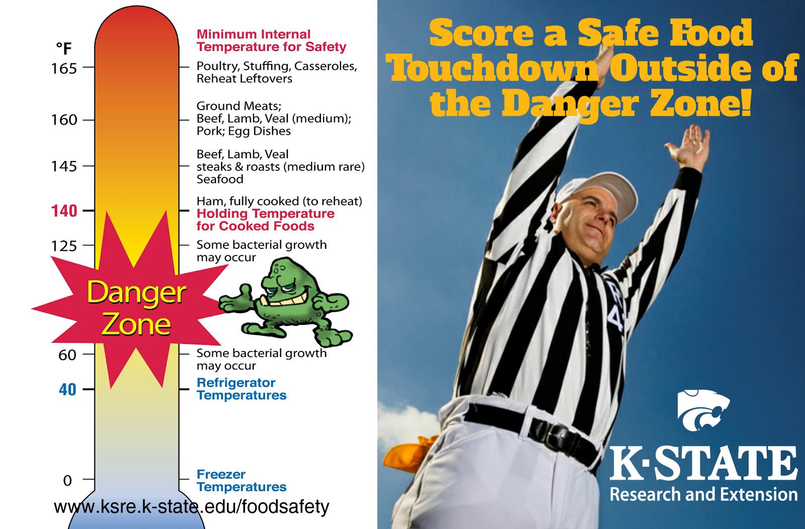 A football referee in a black and white striped shirt blows a whistle while another raises his arms to signal a touchdown. Another illustration uses a thermometer to depict the proper freezing, refrigeration, cooking and holding temperatures for food.