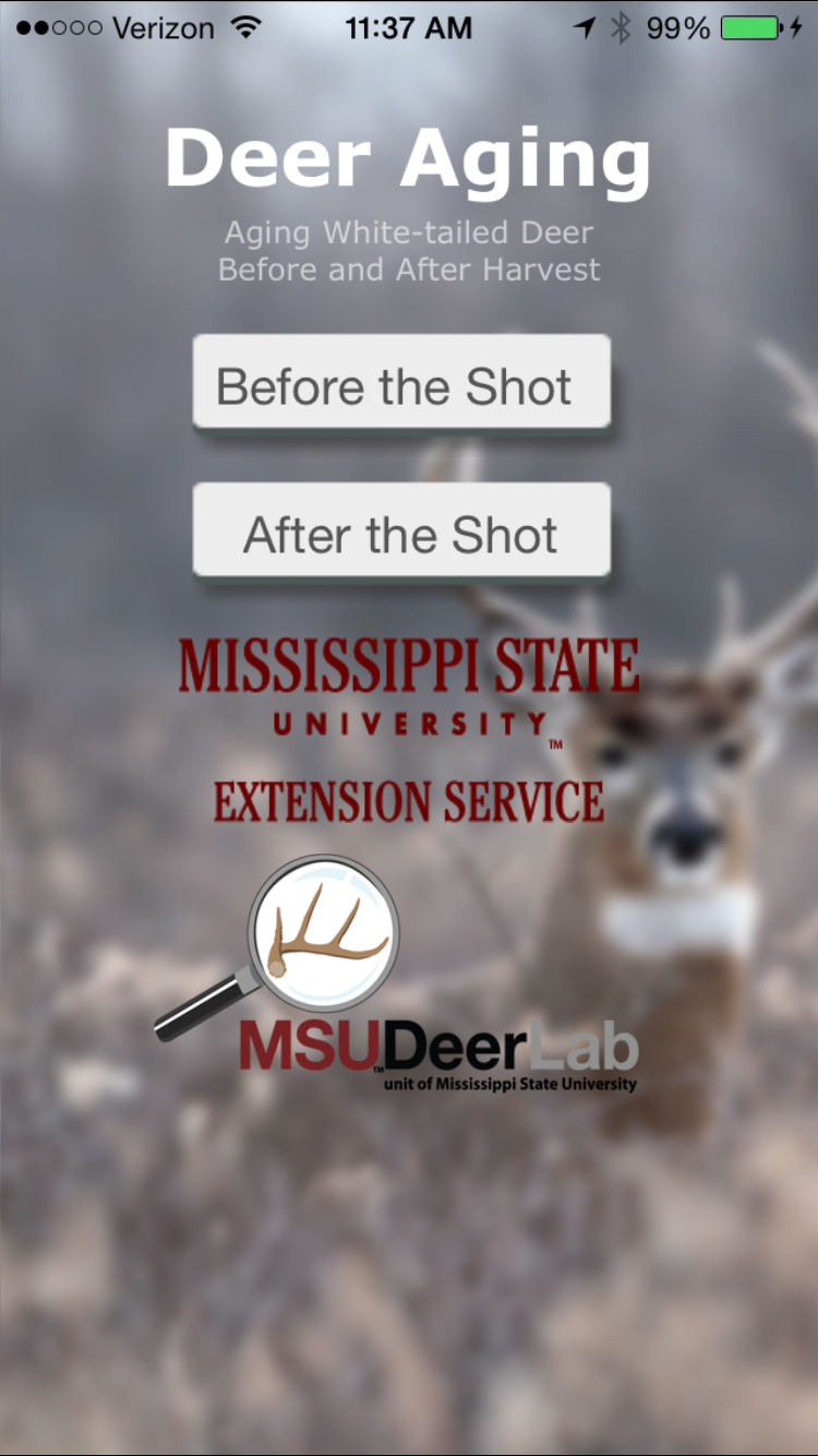 Screenshot of the Deer Aging app, which includes a blurry image of white-tailed buck with large antlers and the MSU Deer Lab logo.