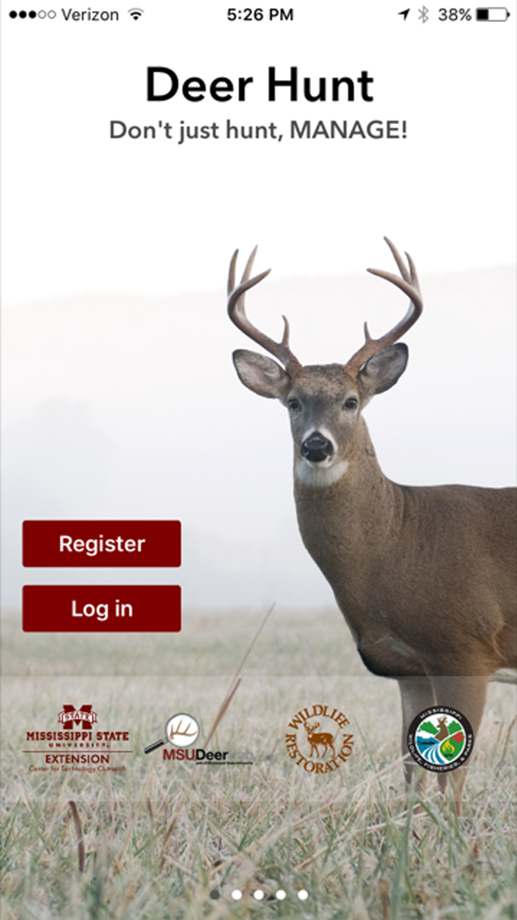 Screenshot of the Deer Hunt app which includes an image of a large white-tailed buck standing in a field of dried grass.