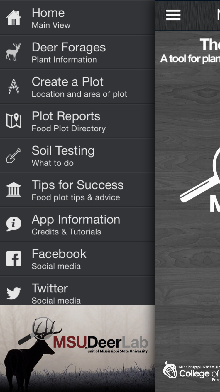 The Deer Food plot app screenshot of menu options including deer forages, soil testing, and tips for success.
