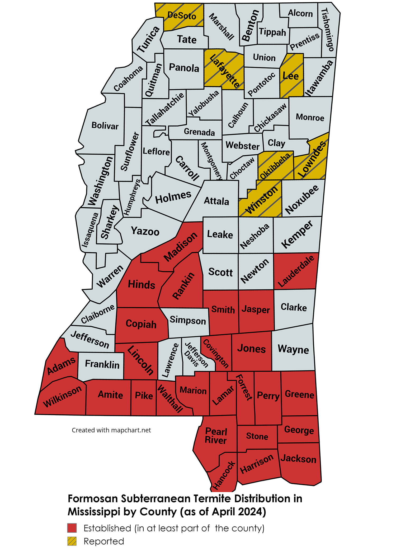 A map of Mississippi displays 26 counties in red, six in yellow.