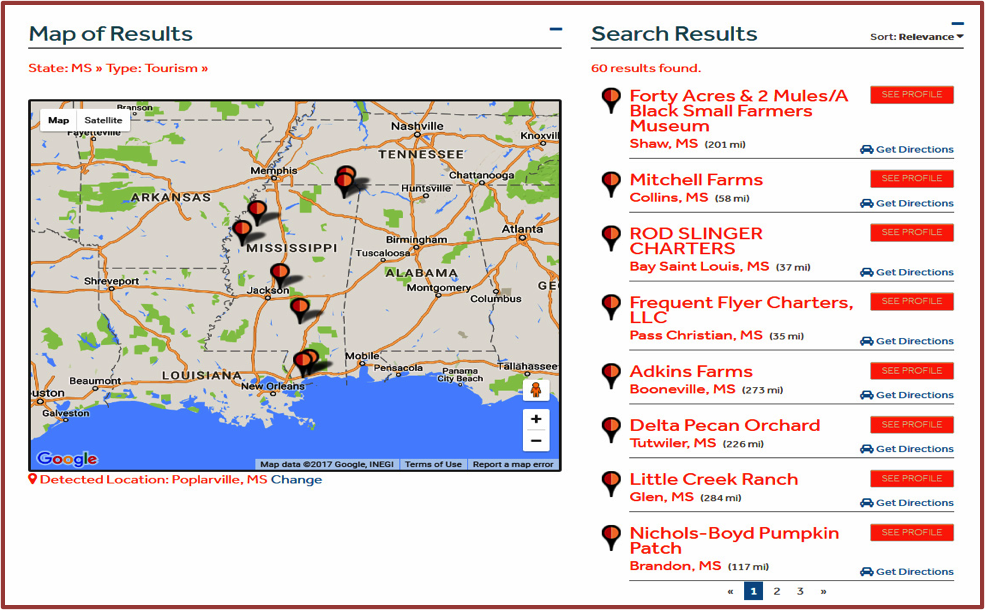 Figure 1. Online database and map of Mississippi tourism businesses generated by Search.