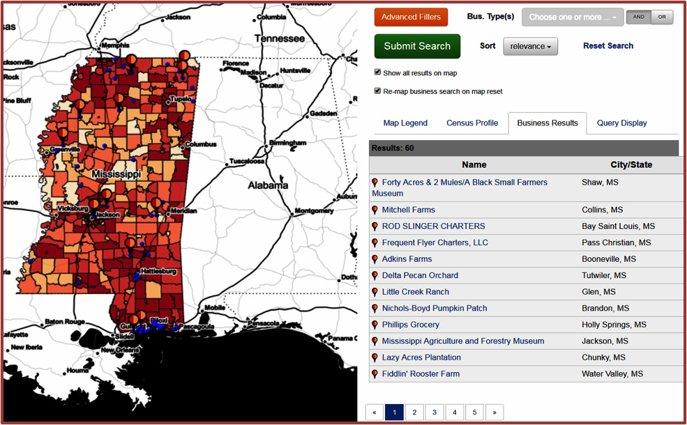Figure 2. Online database and map of Mississippi tourism businesses generated by Market Research.