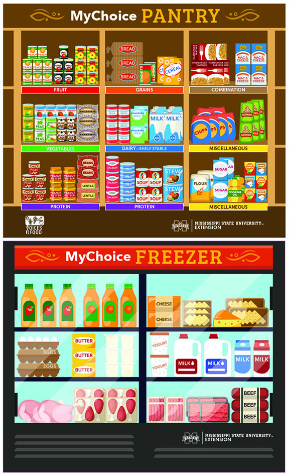 Artist’s rendering of pantry and freezer with meat and dairy items, as well as nonperishable foods.