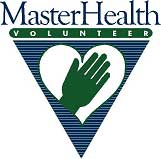 Ad for Master Health Volunteer with a blue inverted triangle with a heart in the middle and in the middle of the heart is a green hand.