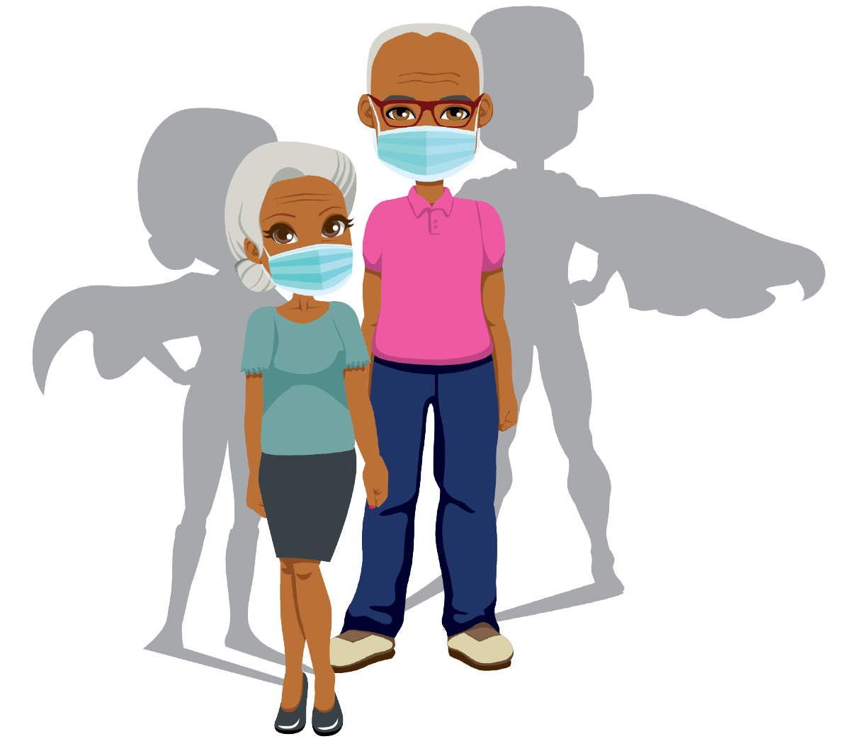 grandparent couple with PPE masks and superhero shadows.