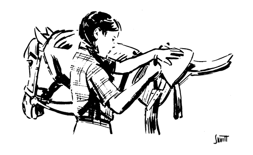 Illustration of a girl and a horse with a saddle. The girl is securing the girth of the saddle. 