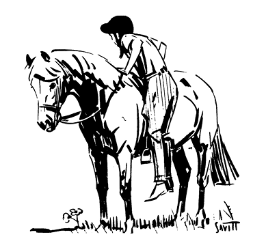 Illustration of a girl dismounting a horse. Her feet are out of the stirrups, and she is holding the rein in one hand while she lowers herself to the ground.