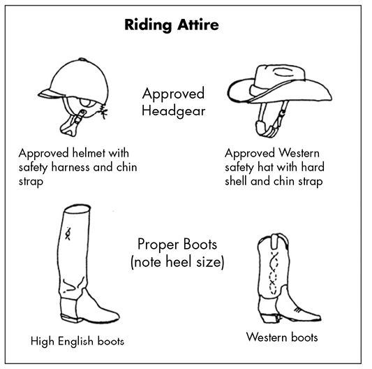 Illustration of proper riding attire. Approved headgear includes either a helmet with a safety harness and chin strap or a Western safety hat with a hard shell and a chin strap. Proper boots include high English boots, which have a slight heel and go up the shin, or Western boots, which have a higher heel and pointier toe than the high English boots but do not go as far up the shin.