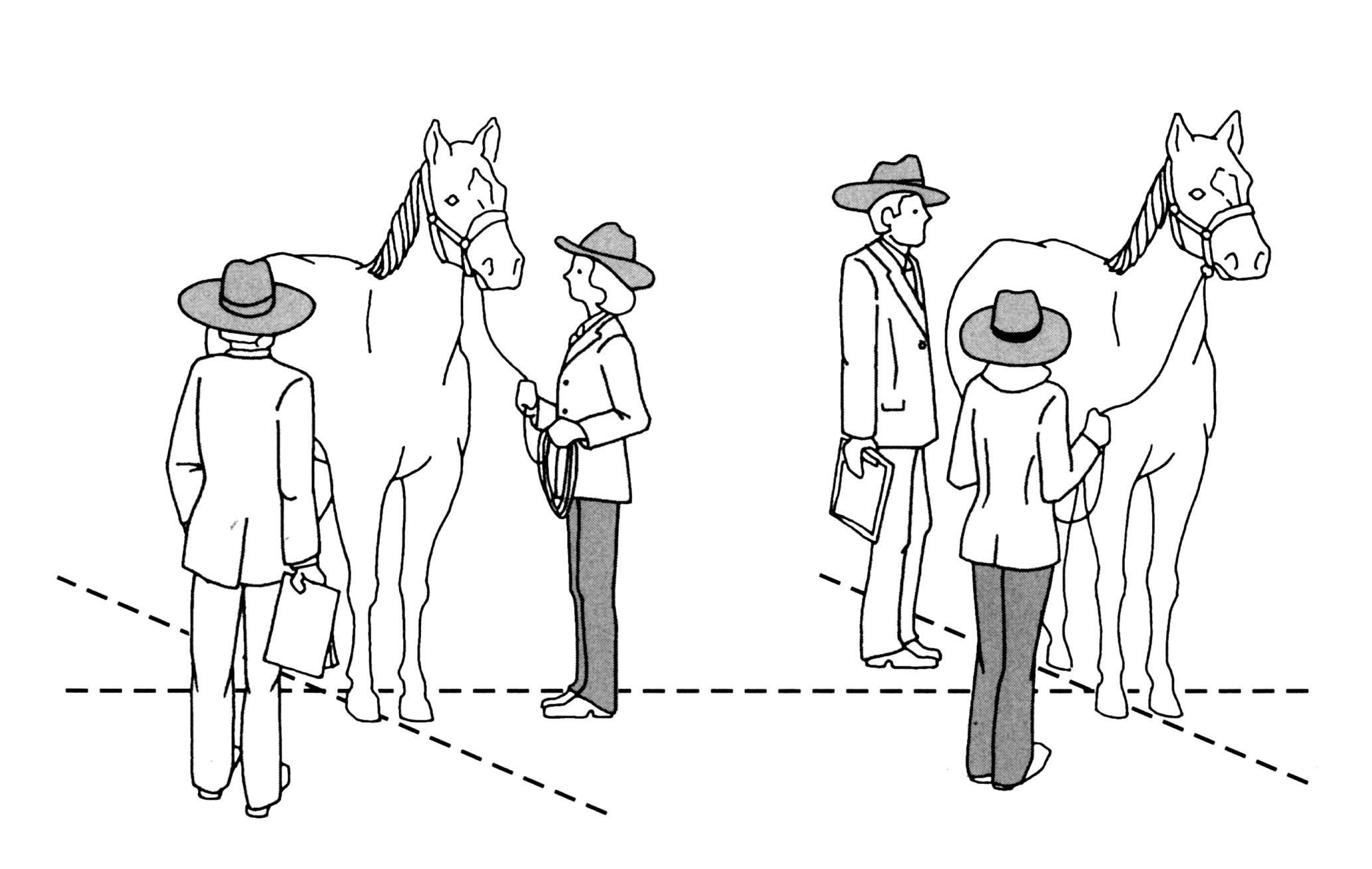 Two illustrations of the proper placement of horse, owner, and judge in the ring. 