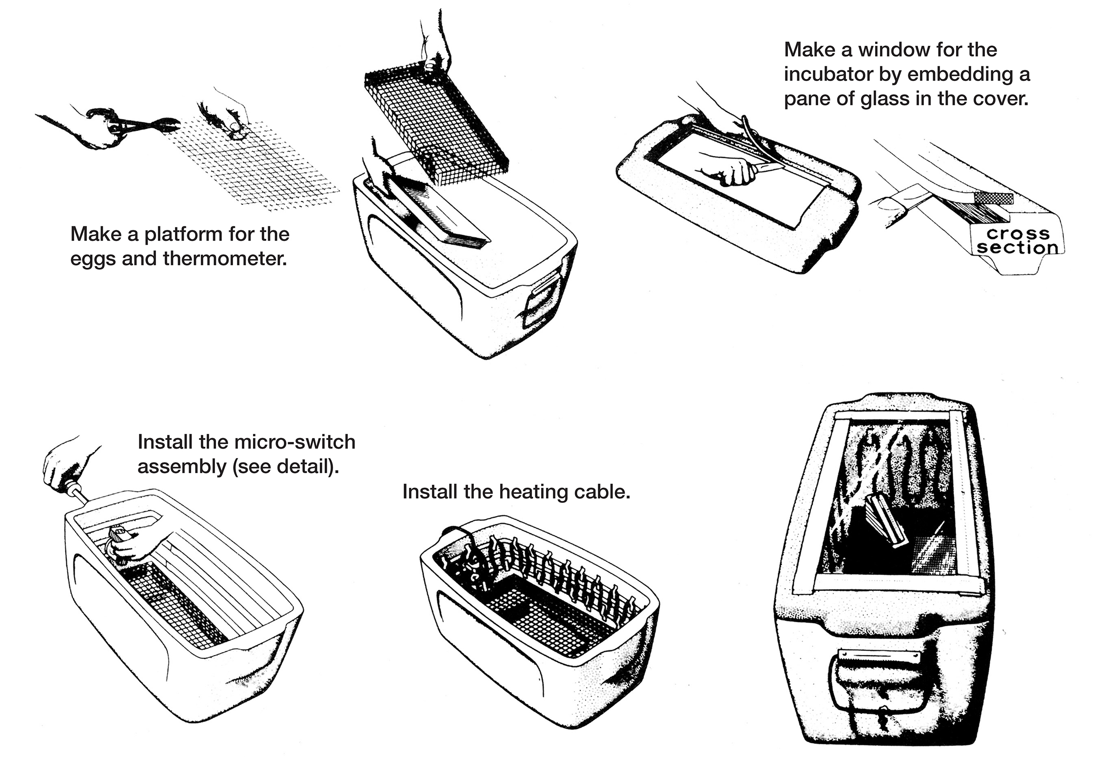 Steps for making a styrofoam incubator: Make a platform for the eggs and thermometer with welded wire hardware cloth over the cake tin. Make a window for the incubator by embedding a pane of glass in the cover. Install the micro-switch assembly. Install the heating cable.