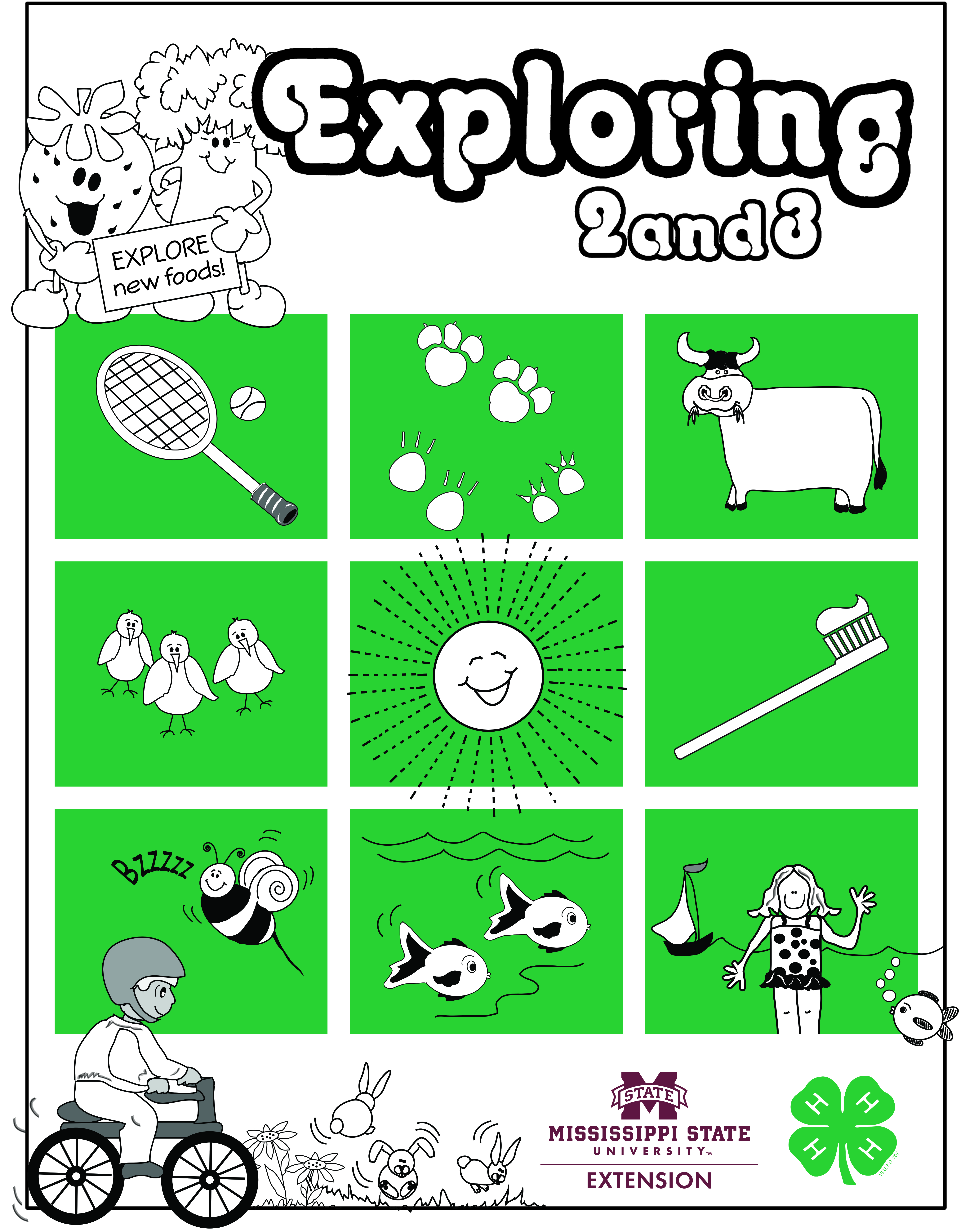 The cover of Exploring 2 and 3 has drawings of fruits and veggies, a cow, a tennis racket and ball, animal footprints, birds, the sun, a toothbrush, a bee, fish, a person at the ocean, and a person riding a bike.