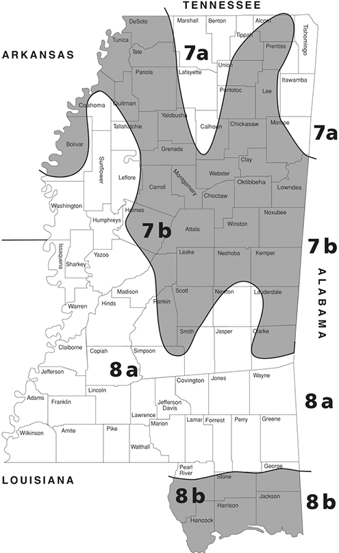 Climate zone map of Mississippi showing the distribution of 4 different zones across the state (7a, 7b, 8a, and 8b).