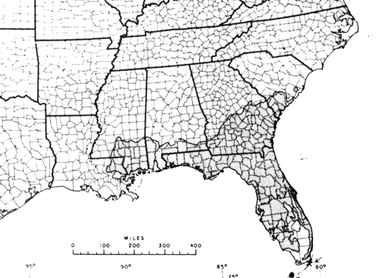 Diagram of the natural range of slash pine.