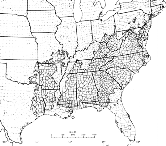 Diagram of the natural range of shortleaf pine.