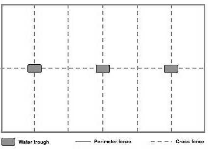 A diagram separating an area in 2 rows with 6 columns. Every other vertical line (representing a cross fence) is marked by a gray rectangle (representing a water trough). For 12 sections there are 3 water troughs. 