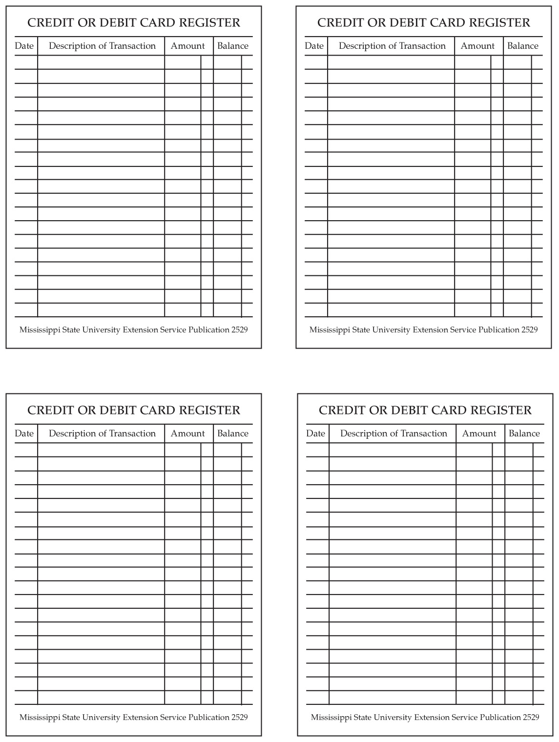 Credit or Debit card register for print