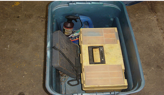 An organized bin of calving supplies.