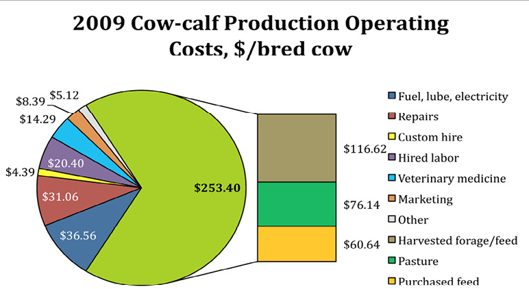 A multicolor pie chart depcting 2009 cow-calf production Operating Costs, dollars per bred cow. $116.62 goes toward harvest forage or feed. $76.14 goes toward pasture. $60.64 goes toward purchased feed. $36.56 goes toward fuel, lube and electricity. $31.56 goes toward repairs. $20.40 goes toward hired labor. $14.29 goes toward veterinary medicine. $8.39 goes toward marketing. $5.12 goes toward other things. $4.39 goes toward custome hire. 