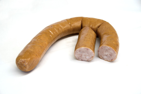 A sausage link cut in half to show the inside.