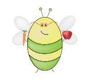 Cartoon bee with glasses holding a carrot in one hand and an apple in the other.