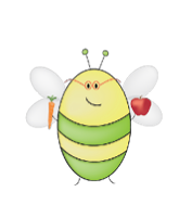 Cartoon bee wearing glasses and holding a carrot and an apple.