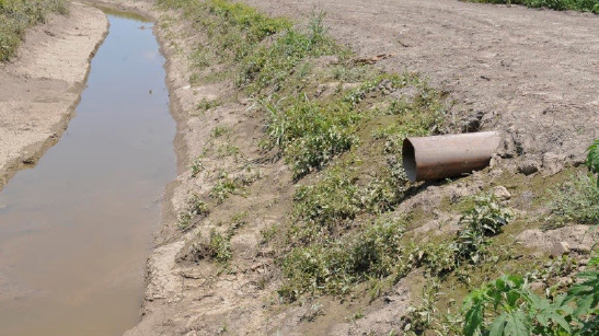 A ditch with a horizontal pipe coming out from the ground on the right.