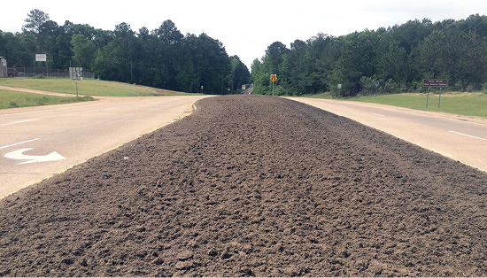 Tilled dirt median with a smooth surface of soil.