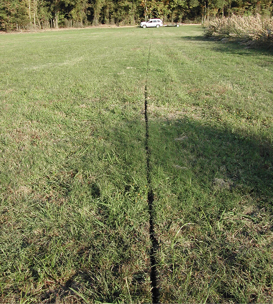 A very narrow trench with green vegetation all around.