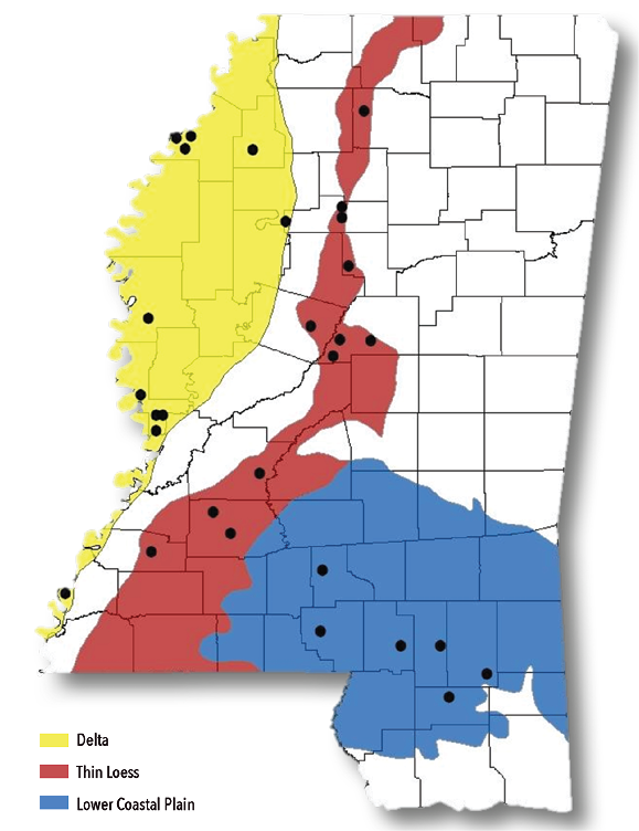  Capture locations include 11 in the Delta, 12 in thin loess, and 6 in lower coastal plain. 