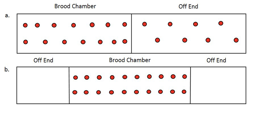 In partial-house brooding, the brood chamber has 14 evenly spaced brooders, and the off end has eight. In center-house brooding, the brood chamber (in the center) has 16 evenly spaced brooders, and the off ends on either side have none.