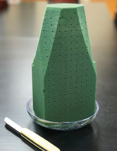Green foam brick cut roughly into a cone shape with the rectangular base in a glass dish.