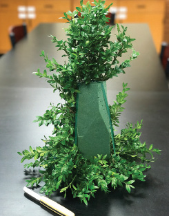 Foam brick with more side greenery added, showing the developing cone shape.