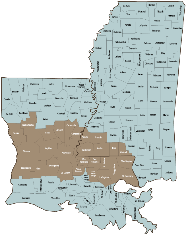 The Tuscaloosa Marine Shale (TMS) stretches across Louisiana into the southwest corner of Mississippi, including Adams, Amite, Franklin, Pike, Walthall, and Wilkinson Counties.