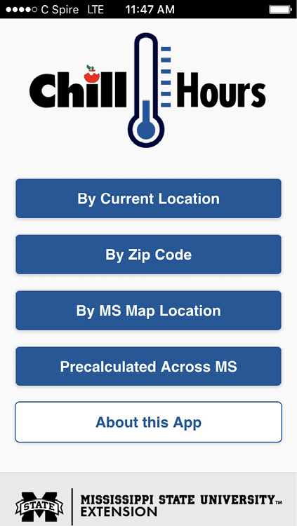 A screenshot of the Chill Hours application on a phone. The application shows the heading "Chill Hours," and below it has five different buttons to select. The first button reads "By Current Location." The second button reads "By Zip Code." The third button reads "By MS Map Location." The fourth button reads "Precalculated Across MS." The fifth button reads "About this App." At the bottom, there is the Mississippi State University Extension logo. 