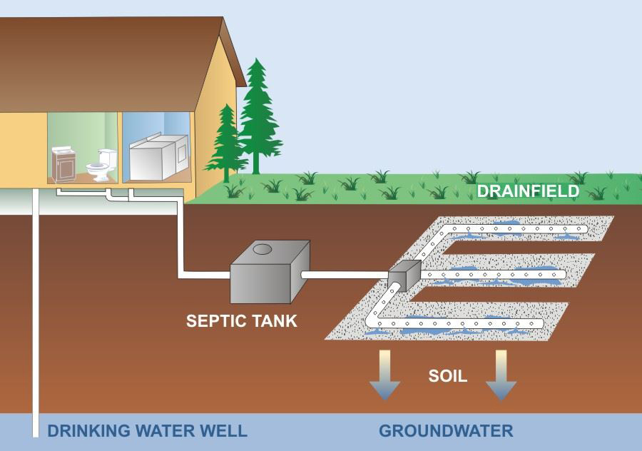 Diagram of a house showing pipes coming from the bathroom and laundry area to a septic tank, then to the soil, where it is distributed through pipes with many holes in them. A pipe also goes from the bottom of the diagram labeled "drinking water well" up to the house. Also labeled are "groundwater" next to the drinking water well, and "drainfield" in the yard of the house.