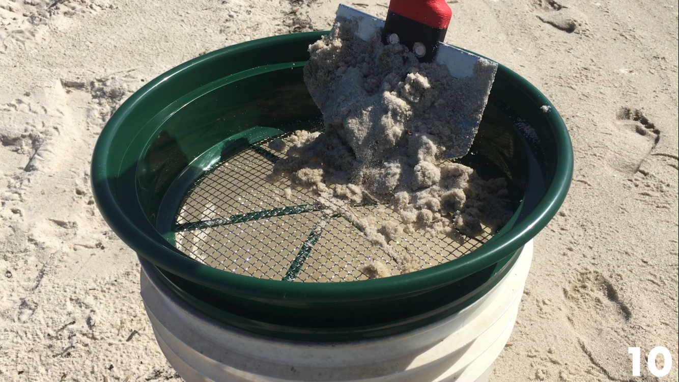 The sand is being sifted through the sieve with the scoop. Large chunks are collecting in the sieve.