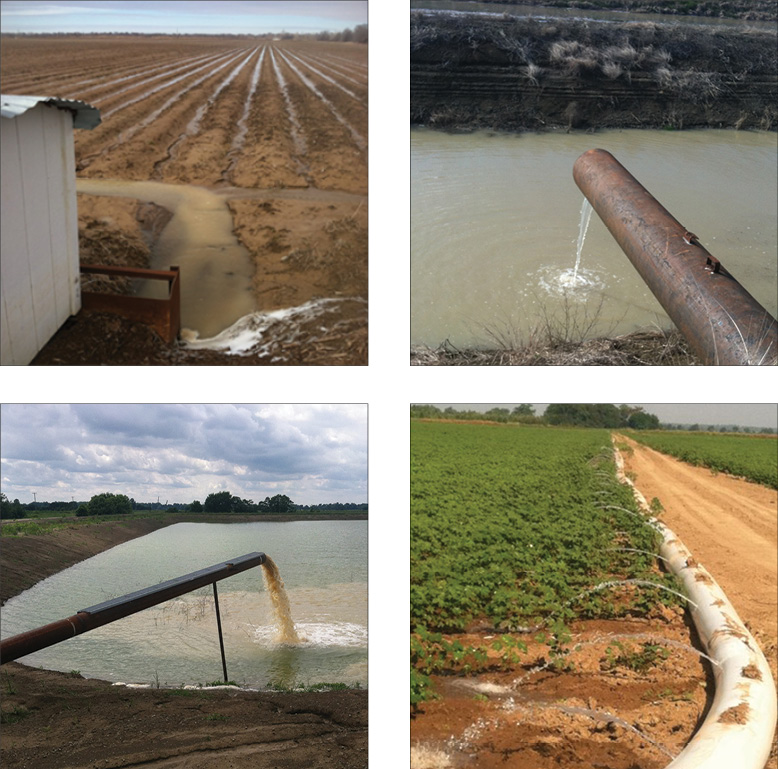 A series of four photos shows: A shallow ditch filled with muddy water next to a field with dirt rows and rainwater between them. A large metal pipe protruding over a large ditch filled with water. A long pipe protruding over a pond; water is pouring from the pipe. A white pipe lying on the ground along the edge of a field; water is spouting out of intermittent holes along the pipe.