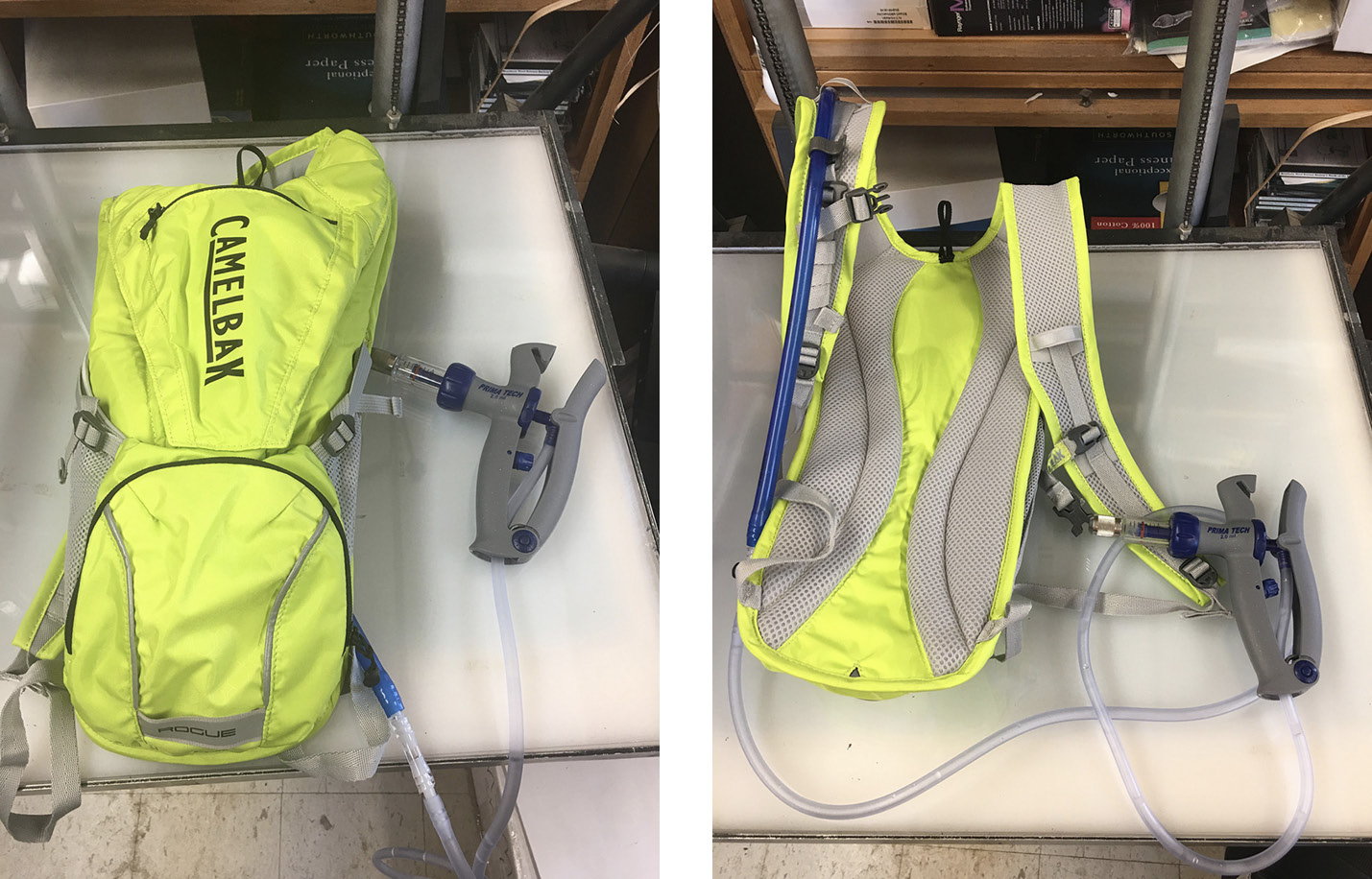 A neon green Camelbak backpack that holds a pouch of fluid. There are hoses coming out of the backpack that allow the fluid to be released. 