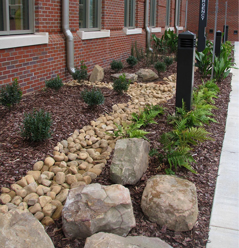 Landscaping next to a large, brick building. The bed is filled with traditional mulch and has a center lane filled with ornamental rocks. The rock lane goes from below the gutter downspout connected to the building into the center of the bed. Water drains onto the rock lane, where it is directed down a pipe to a basin.