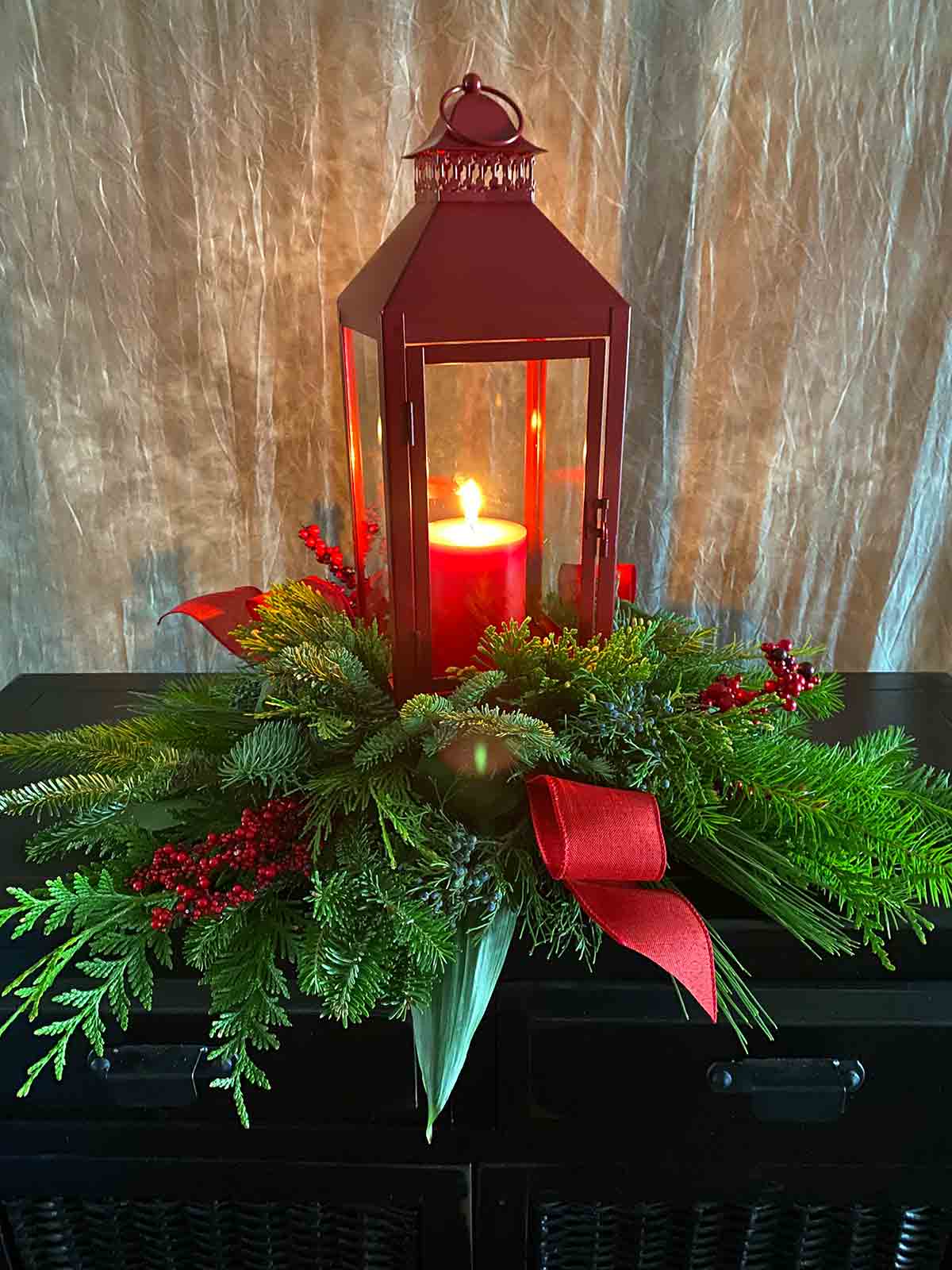 Completed Lantern and Evergreens Holiday Centerpiece